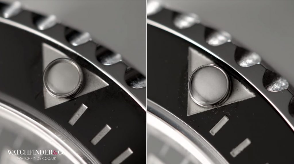 Chấm tròn trên vành Bezel của đồng hồ Rolex giả trắng hơn phát quang cũng kém hơn