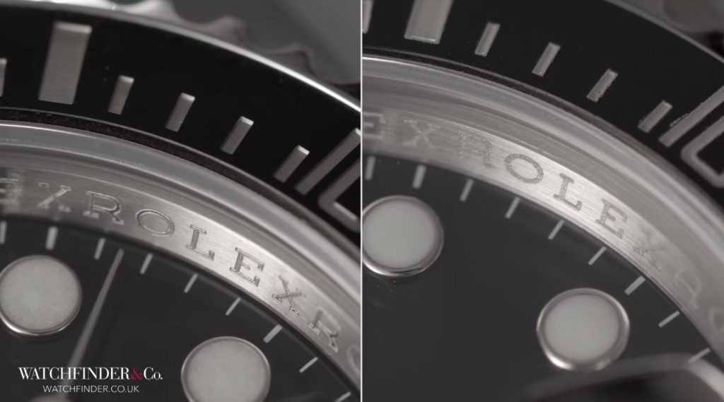 Inner Bezel trên đồng hồ Rolex Fake cong hơn và chữ cái mờ hơn