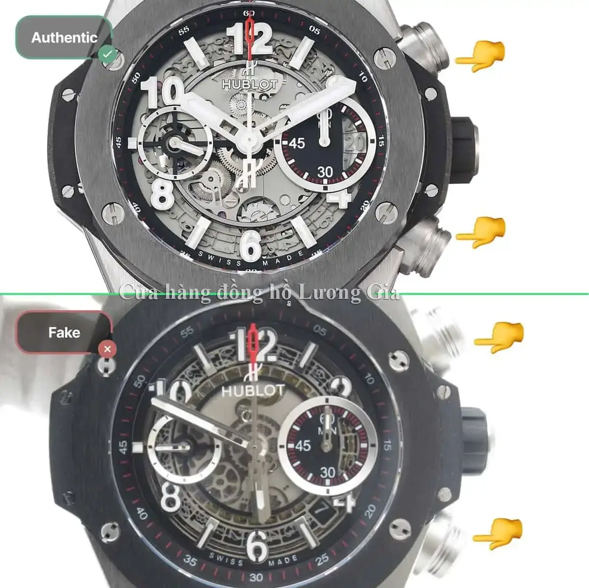 Phân biệt đồng hồ Hublot thật và giả dựa vào các nút bấm